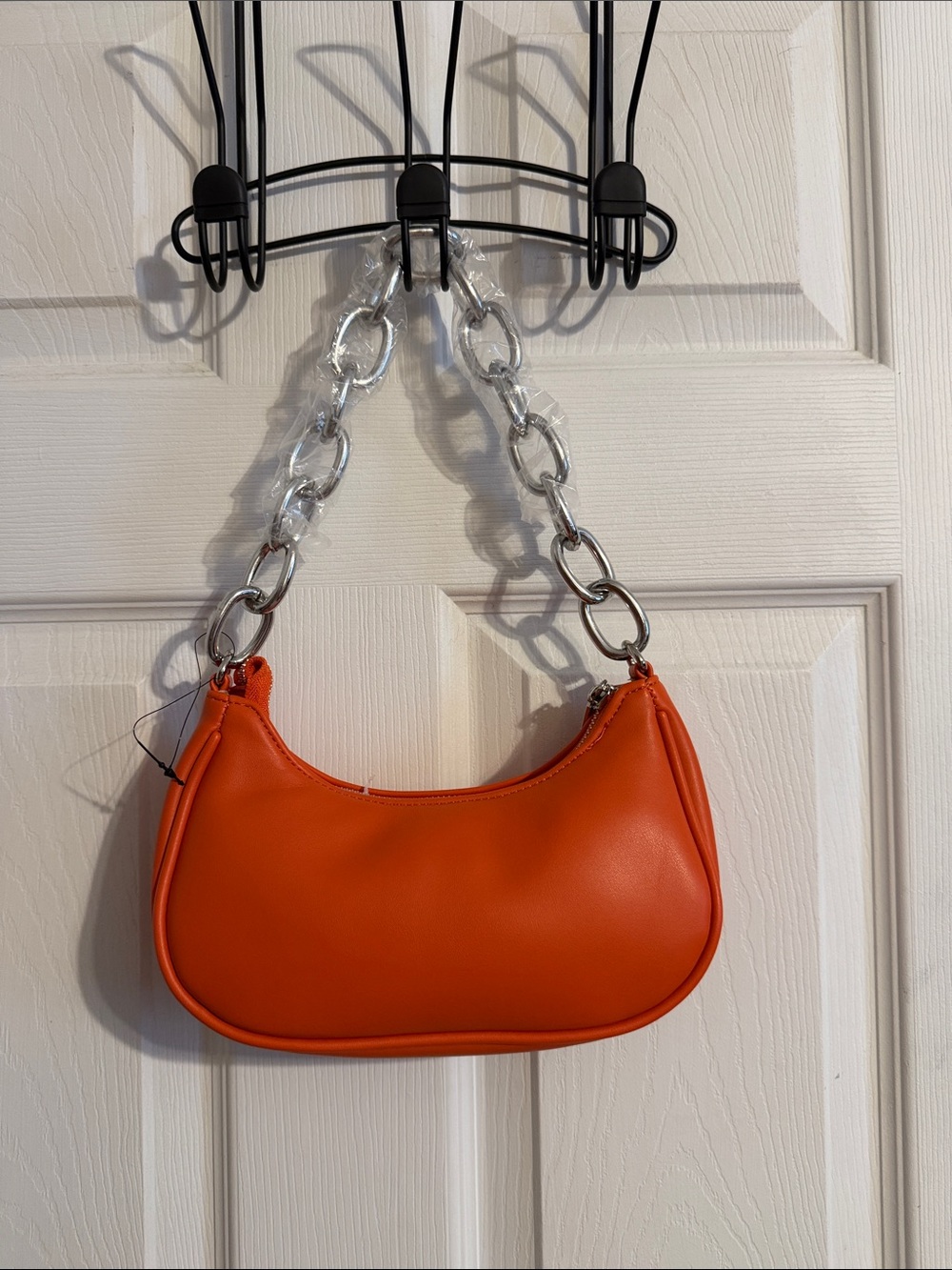 Chic Orange Shoulder Bag with Silver Chain Handle
